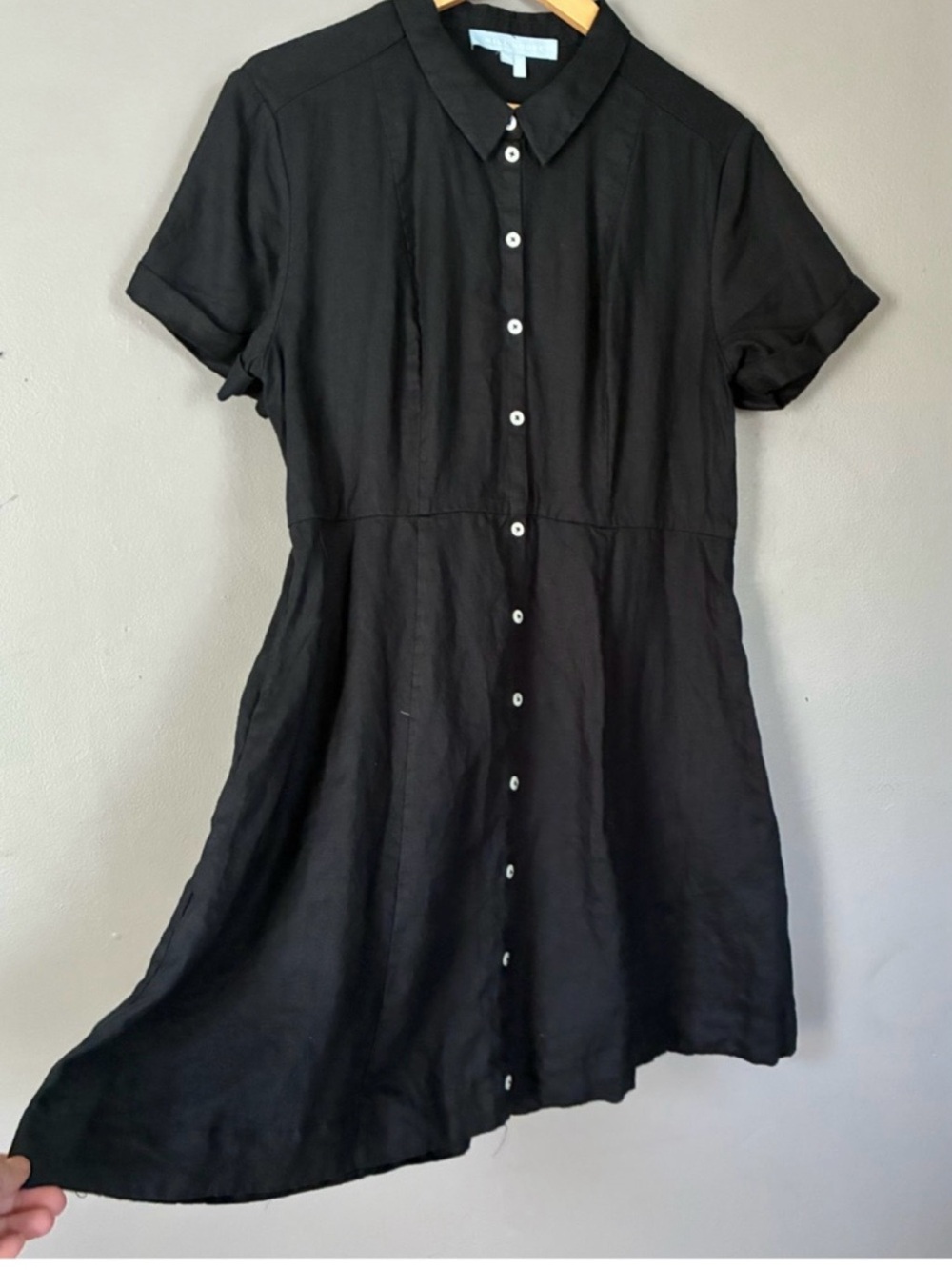 Hill House Laura Dress | Black Linen Short Sleeve Button down Shirt Dress A-line - Picture 2 of 4